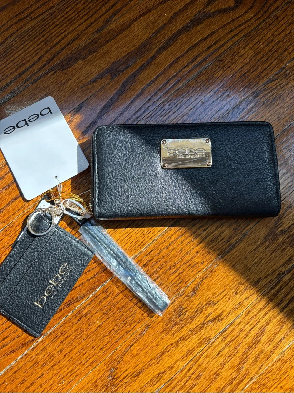 bebe Black Textured Leather Zip Wallet with Gold Plate & Keyring